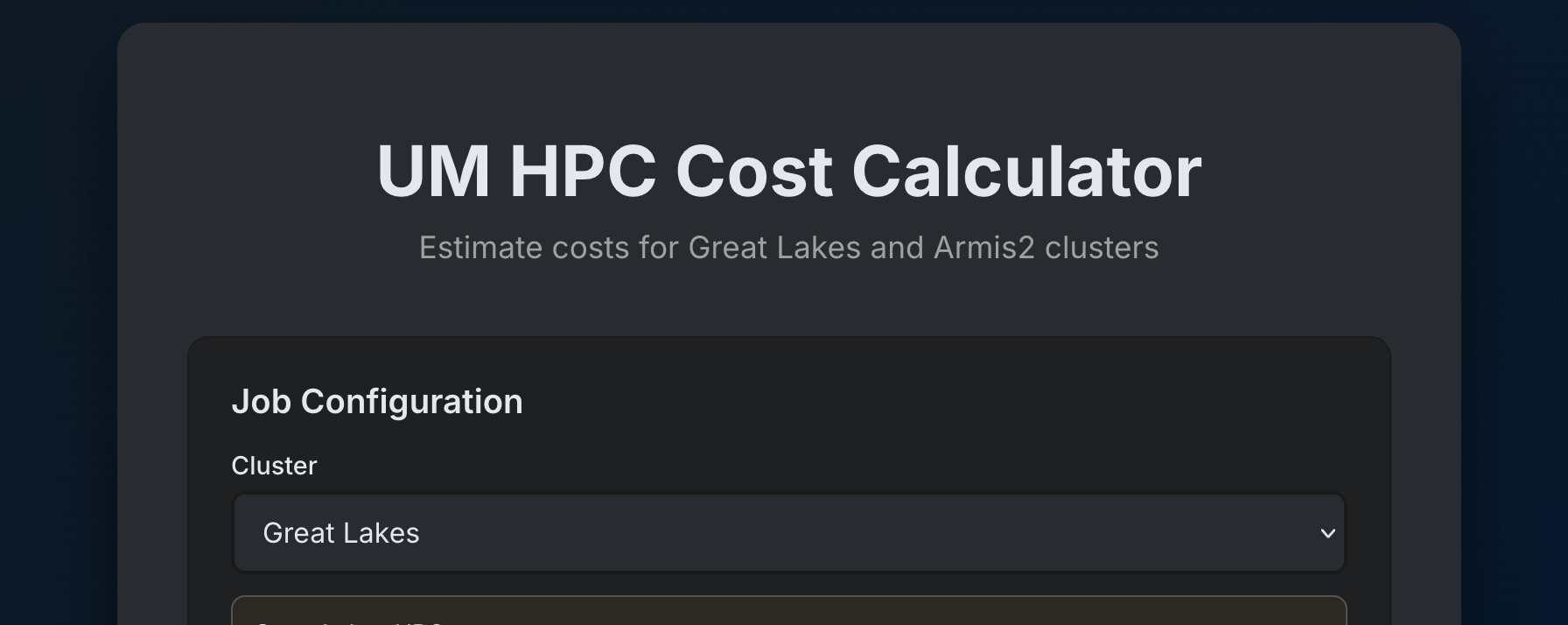 Screen caputure of UM HPC Cost Calculator